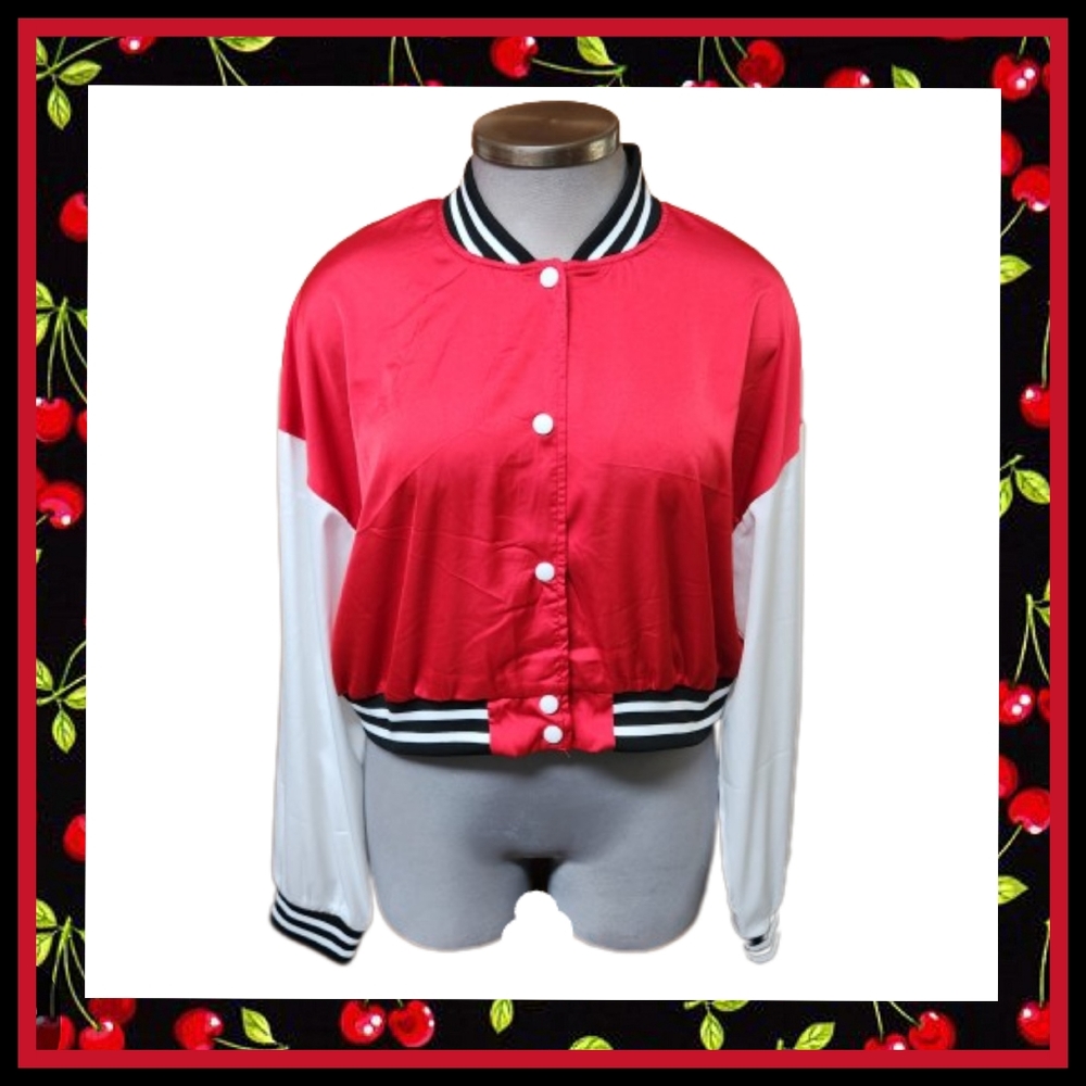 CHERRY RED SATIN ☆ BASEBALL STYLE ☆ CROPPED LIGHTWEIGHT JACKET ☆ NWT